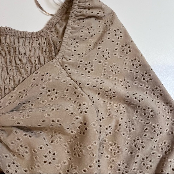 y2k light brown eyelet ruffle sleeve front tie smocked top coquette cottagecore - Picture 6 of 9
